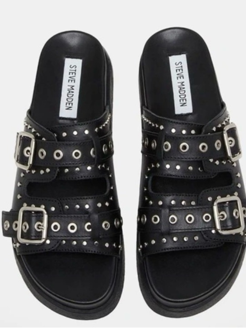 Steve Madden MALEK Black Leather Silver Buckle Grommet Strap Chunky Slide Sandal
